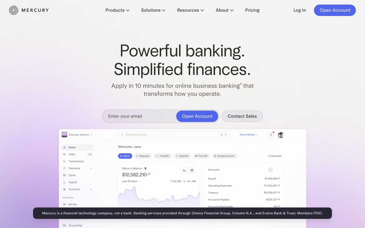 Screenshot of Mercury: Banking Built for Startups and Ambitious Businesses